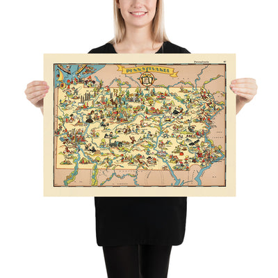 Pictorial Map of Pennsylvania by Ruth Taylor White, 1935: Philadelphia, Pittsburgh, Gettysburg, Amish, Appalachian Mountains