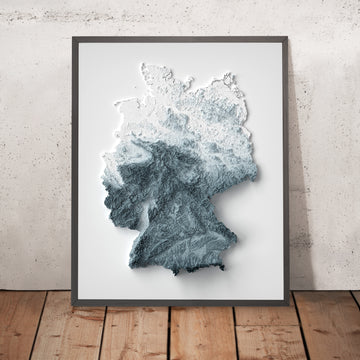 A framed image of a 3D style topographic relief map ofGermany
