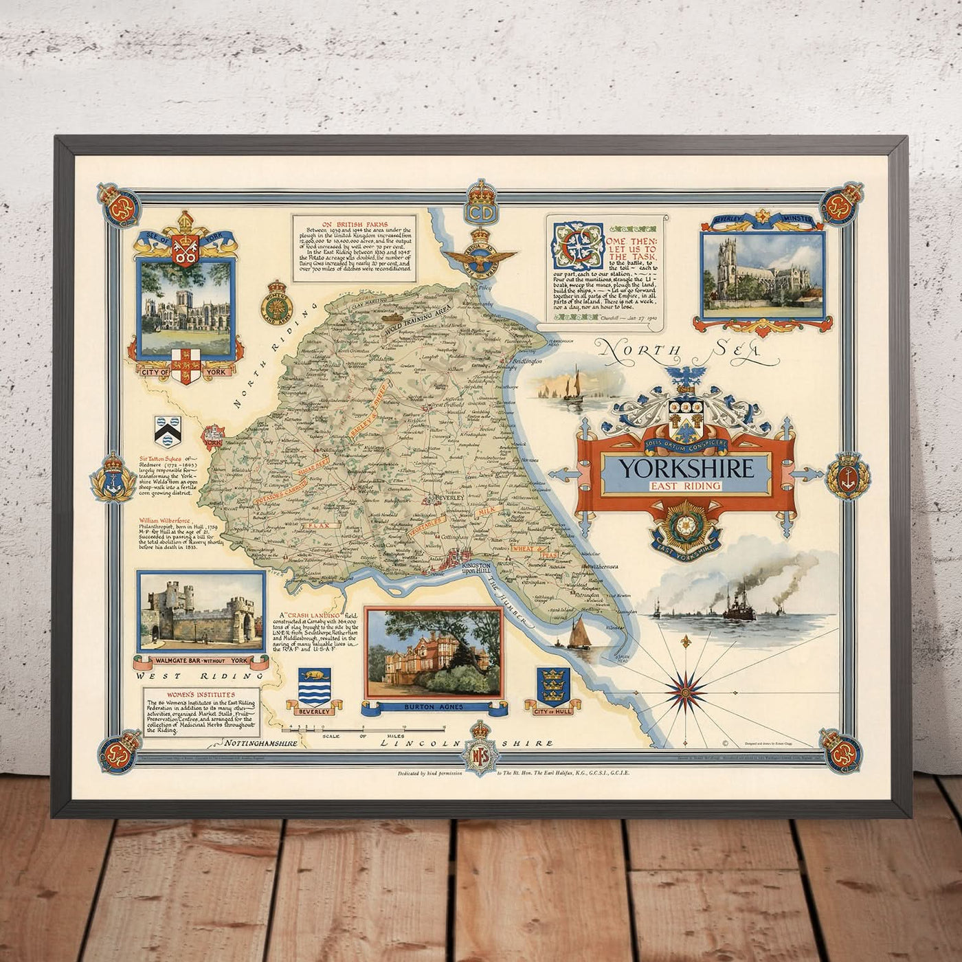 Old Pictorial Map of East Riding of Yorkshire by Clegg, 1946: Hull, Beverley
