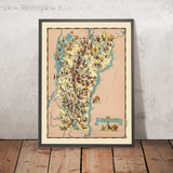 Pictorial Map of Vermont by Ruth Taylor White, 1935: Burlington, Montpelier, Rutland, County Boundaries, Maple Sugaring