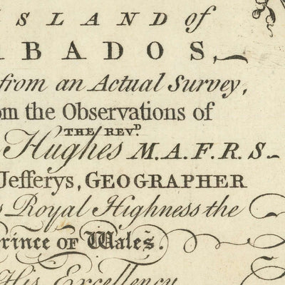 Alte Karte von Barbados von Jefferys, 1750: Pfarreien, Zuckermühlen, Kirchen, Flüsse, Festungen 