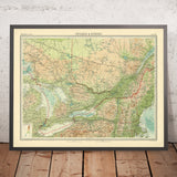 Mappa antica dell'Ontario e del Quebec di Bartholomew, 1922 Toronto, Montreal, Fiume San Lorenzo, Grandi Laghi 
