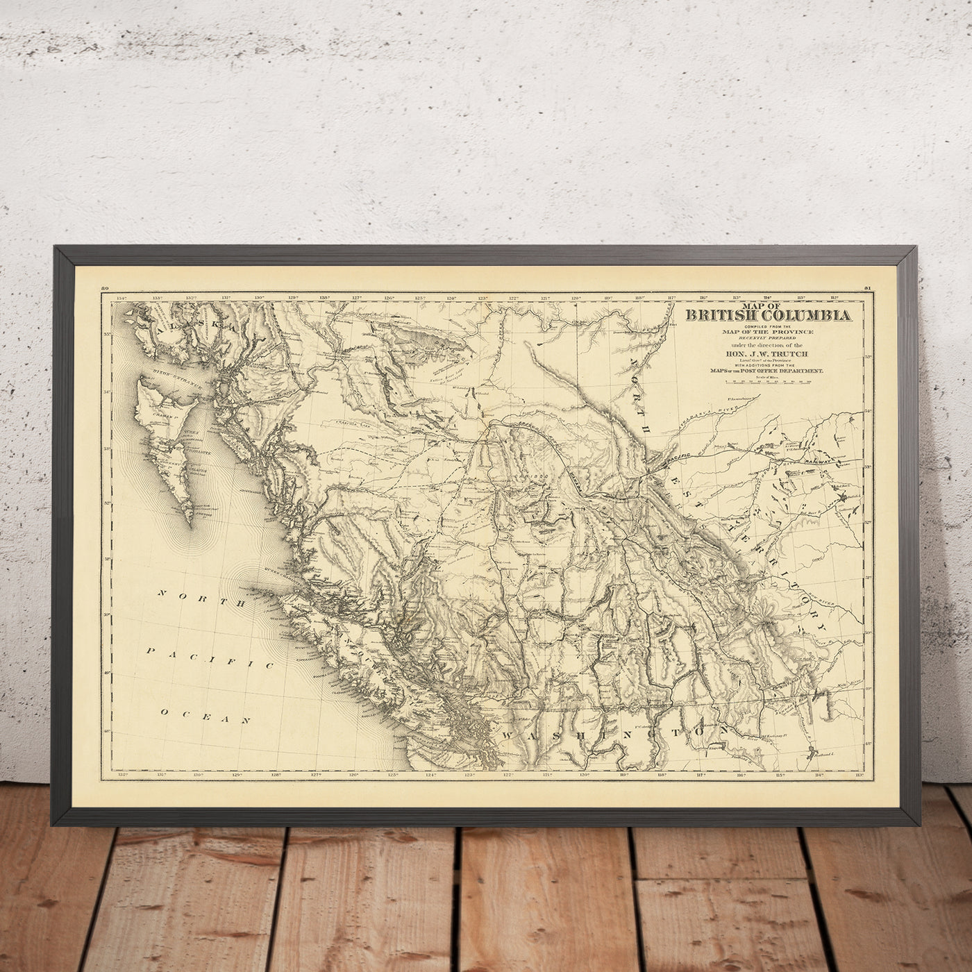 Ancienne carte ferroviaire de la Colombie-Britannique par Trutch, 1878 : Vancouver, Victoria, itinéraires du CPR, rivière Fraser, Rocheuses 