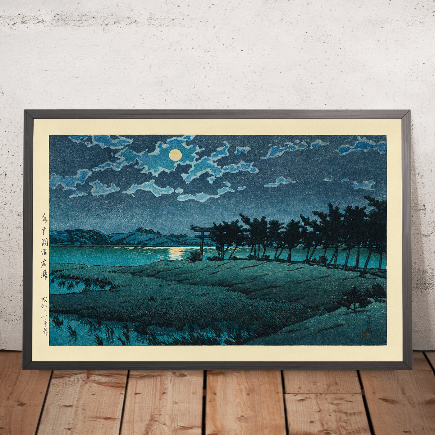 A framed image of Full Moon at Hiroura Hinuma by Hasui Kawase 1935