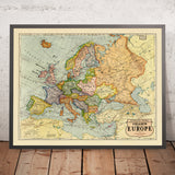 Gran mapa antiguo de Europa de Cram, 1925: político, fronteras posteriores a la Primera Guerra Mundial, fronteras codificadas por colores 