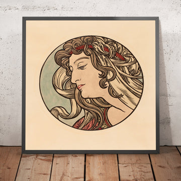A framed image of Stained Glass for the Fouquet Boutique Façade by Alphonse Mucha, 1860