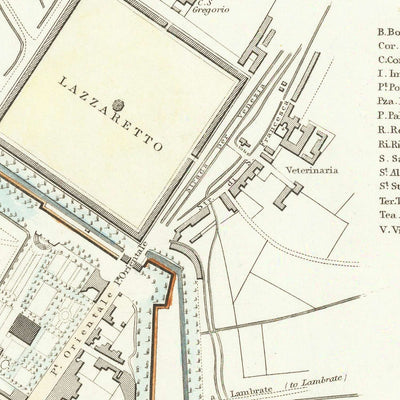 Old Map of Milan, 1832: Duomo, Sforza Castle, Piazza d'Armi, Royal Palace, Lazzaretto