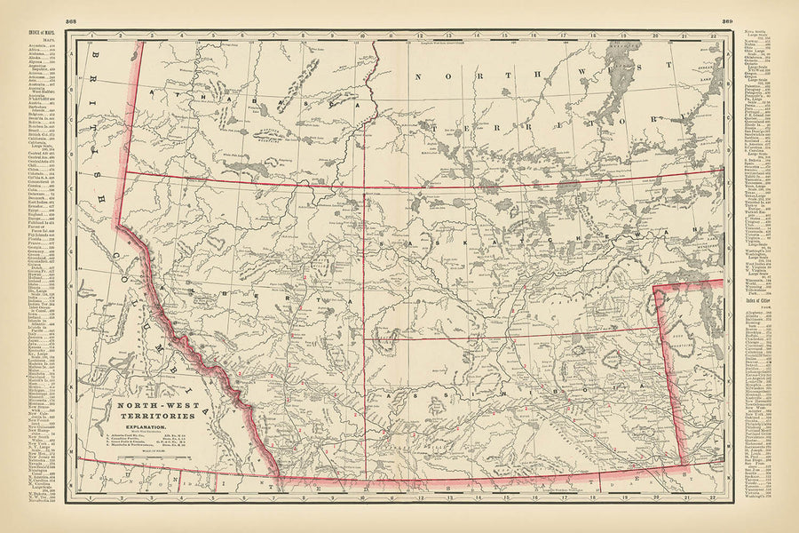 Antica mappa del territorio nord-occidentale del Canada di Cram, 1891: Edmonton, Calgary, ferrovie 