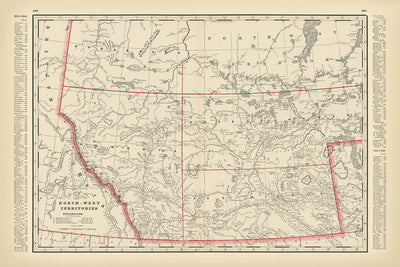 Ancienne carte du territoire du Nord-Ouest du Canada par Cram, 1891 : Edmonton, Calgary, chemins de fer 