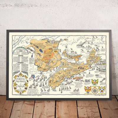 Mapa antiguo de New Brunswick, Nueva Escocia y la Isla del Príncipe Eduardo por Furse, 1963: Batallas navales, rutas de exploración 