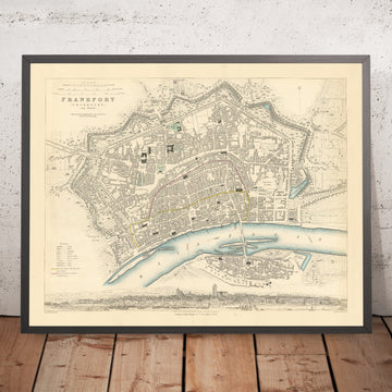 Antica mappa di Francoforte sul Meno, Germania, 1847: Zeil, Römer, Paulskirche, Sachsenhausen, fiume Meno 