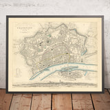 Old Map of Frankfurt am Main, Germany, 1847: Zeil, Römer, Paulskirche, Sachsenhausen, River Main