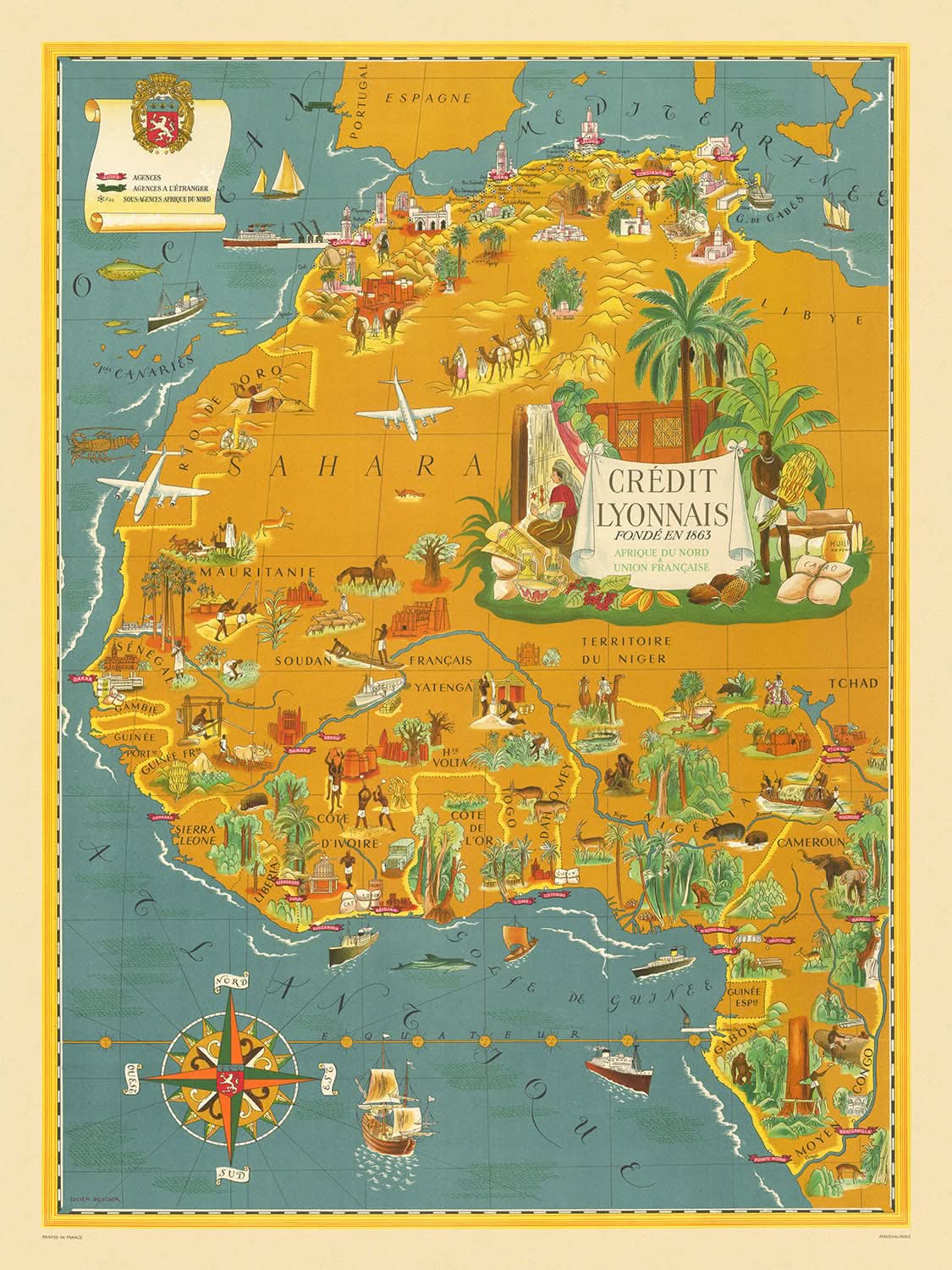 Ancienne carte de l'Afrique du Nord et de l'Afrique coloniale française par Boucher, 1945 : Casablanca, Alger, Dakar, Sahara 