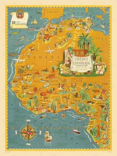 Ancienne carte de l'Afrique du Nord et de l'Afrique coloniale française par Boucher, 1945 : Casablanca, Alger, Dakar, Sahara 