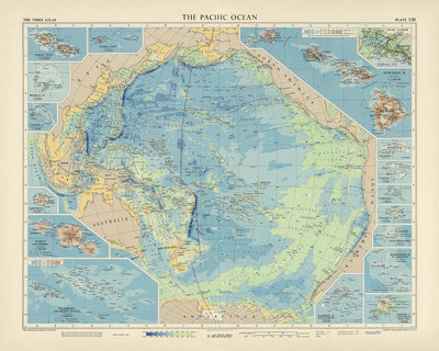 Ancienne carte de l'océan Pacifique par Bartholomew, 1957 : cartes insérées, ombrage de relief 