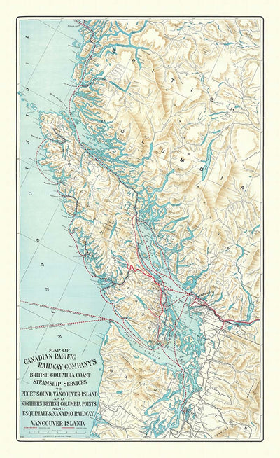 Alte Karte von British Columbia von Poole Brothers, 1911: Vancouver, Victoria, Eisenbahnen, Dampfschiffrouten, Vancouver Island 
