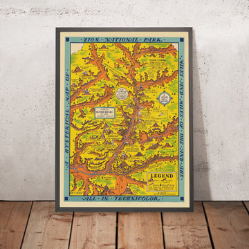 Old Comic Map of Zion National Park, 1939: Angels Landing, Great White Throne, Watchman, Virgin River, Mt Carmel Tunnel