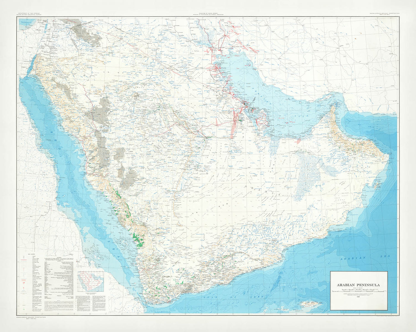 Large Geological Oil Map of the Arabian Peninsula: Pipelines, Dubai, Kuwait, Qatar