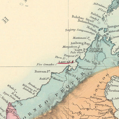 Alte Karte von Südostasien von SDUK, 1872: Kolonialzeit, asiatische Seewege 