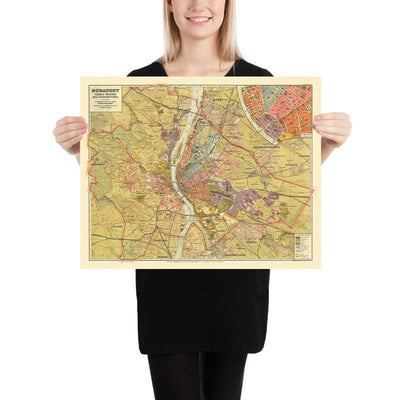 Mapa antiguo de Budapest de Kogutowicz, 1907: Andrássy út, Erzsébet körút, río Danubio, ferrocarriles, parques