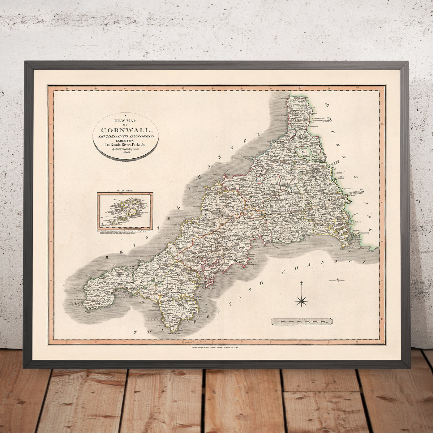 Old Map of Cornwall by Cary, 1806: Divided into Hundreds, Truro, Falmouth, Penzance
