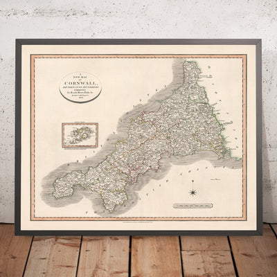 Old Map of Cornwall by Cary, 1806: Divided into Hundreds, Truro, Falmouth, Penzance