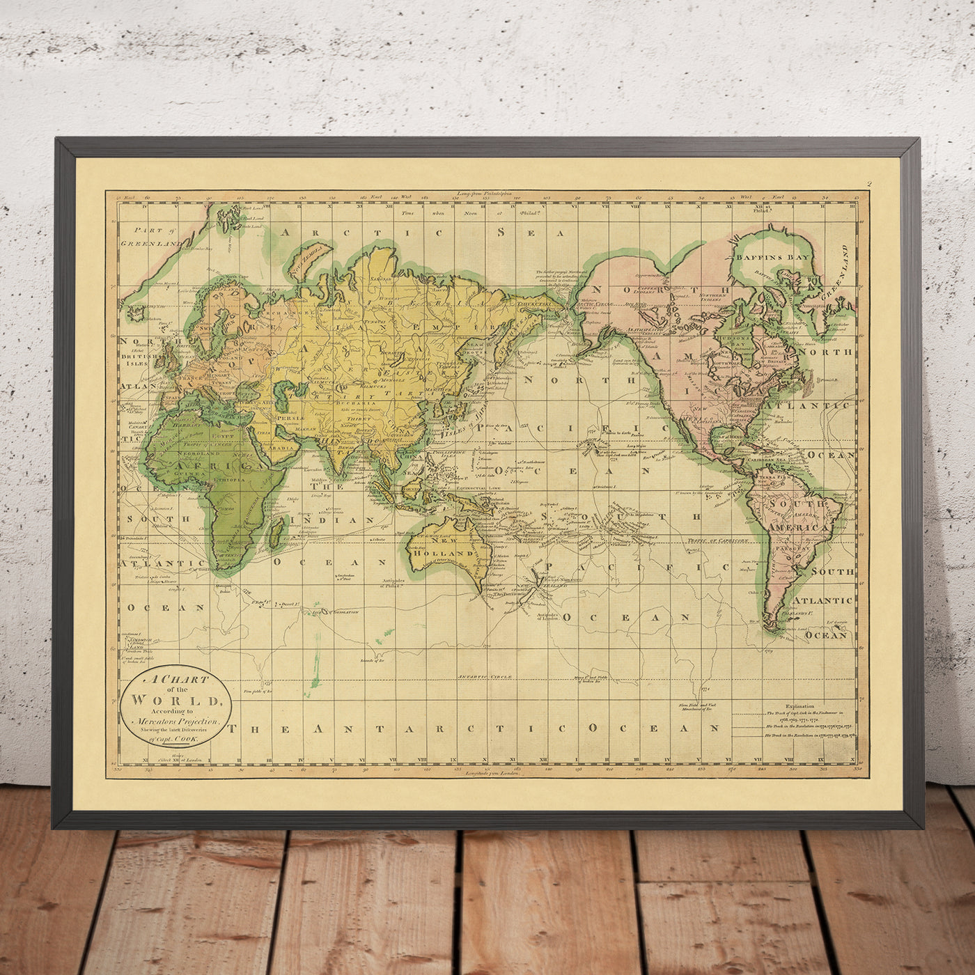 Ancienne carte du monde de Mercator montrant les découvertes du Capitaine Cook par Carey, 1814 : Pacifique centré 