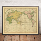 Vecchia mappa del mondo di Mercatore che mostra le scoperte del Capitano Cook di Carey, 1814: Pacifico centrato 