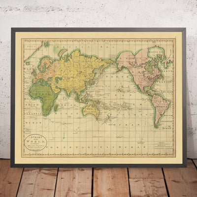 Ancienne carte du monde de Mercator montrant les découvertes du Capitaine Cook par Carey, 1814 : Pacifique centré 