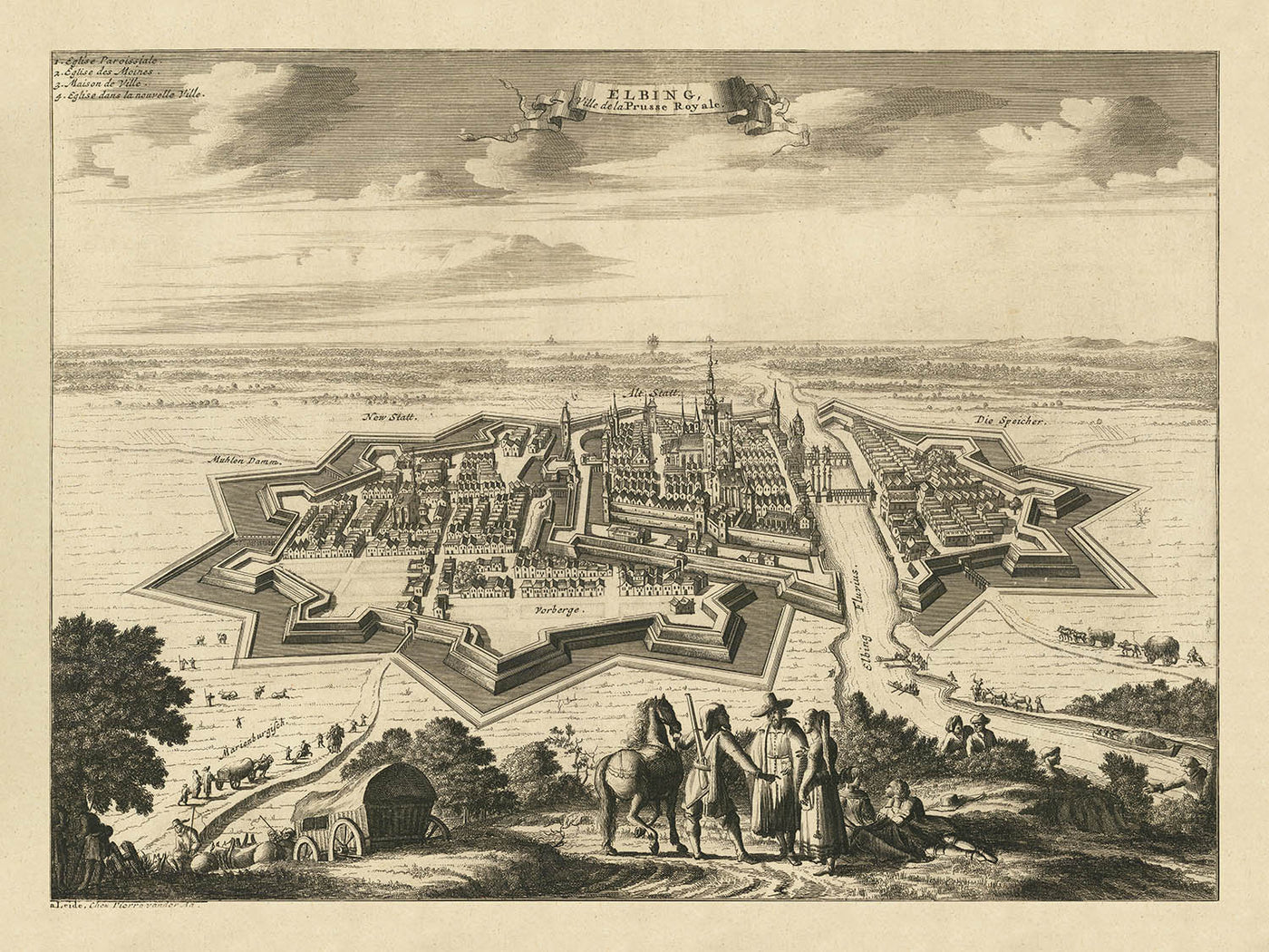 Old Bird's Eye Map of Elbląg, Poland, 1725: Fortified Walls, Maritime Routes, Churches, Rural Landscape