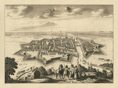Old Bird's Eye Map of Elbląg, Poland, 1725: Fortified Walls, Maritime Routes, Churches, Rural Landscape