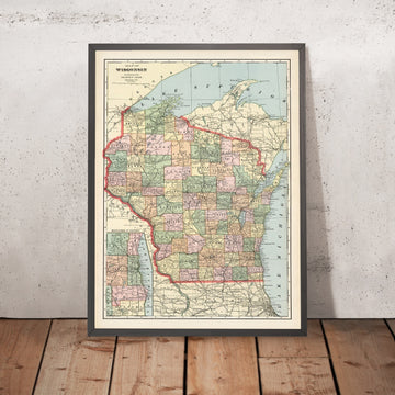 Antica mappa ferroviaria del Wisconsin di Cram, 1901: Milwaukee, Madison, Green Bay, Lago Michigan, fiume Mississippi 