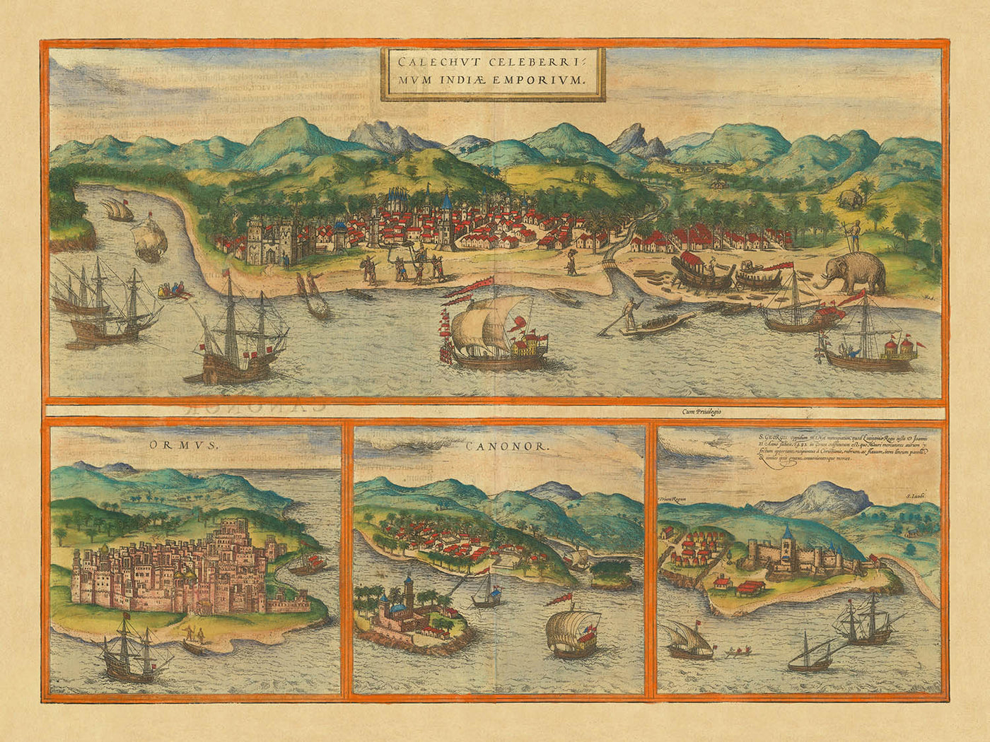Alte Karte von Calicut in Indien von Braun & Hogenberg, 1572: Ormuz, Canonor, El Mina, Schiffe 