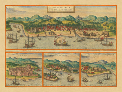 Alte Karte von Calicut in Indien von Braun & Hogenberg, 1572: Ormuz, Canonor, El Mina, Schiffe 