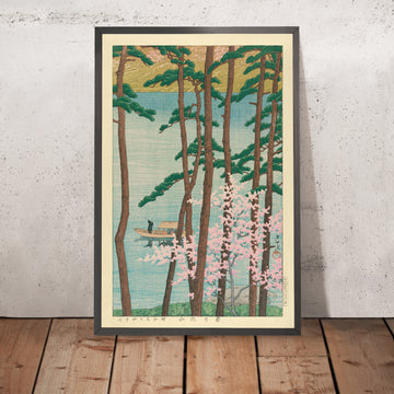 Ein gerahmtes Bild von Arashiyama im Frühling mit Kirschblüte von Hasui Kawase, 1935