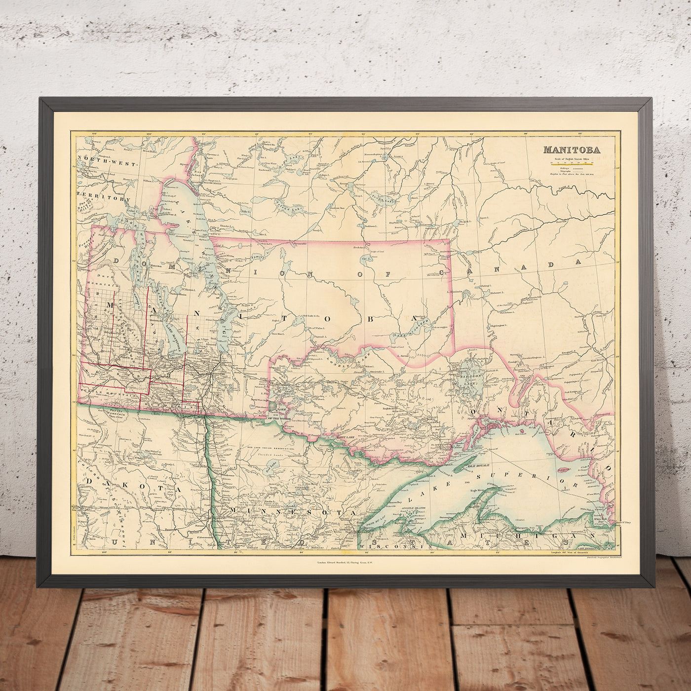 Ancienne carte du Manitoba par Arrowsmith, 1884 : Winnipeg, rivière Rouge, lac Winnipeg, chemins de fer, frontières 