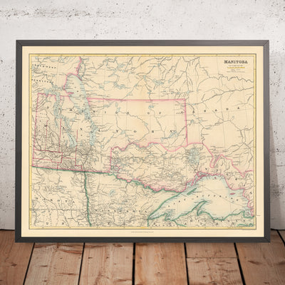 Ancienne carte du Manitoba par Arrowsmith, 1884 : Winnipeg, rivière Rouge, lac Winnipeg, chemins de fer, frontières 