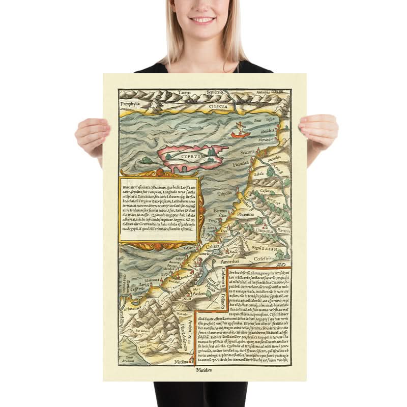 Old Map of Cyprus & Holy Land by Münster, 1554: Jerusalem, Mount Sinai, Medina, Taurus Mts