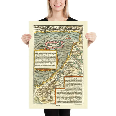 Old Map of Cyprus & Holy Land by Münster, 1554: Jerusalem, Mount Sinai, Medina, Taurus Mts