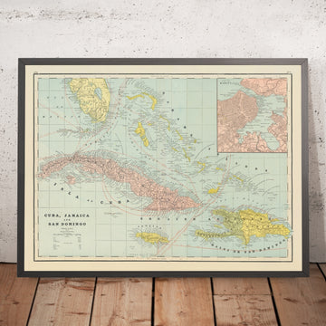 Alte Karte der Westkaribik von Cram, 1886: Kuba, Hispaniola, Havanna, Kingston, Santo Domingo, Windward-Passage, Matanzas 