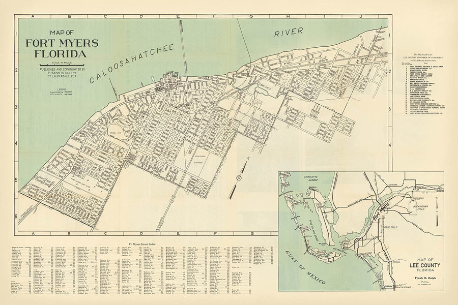 Mappa della Città Vecchia di Fort Myers Florida di Frank B. Dolph, 1945: Caloosahatchee, Municipio, Bacino per yacht, Tribunale, Campo da golf 