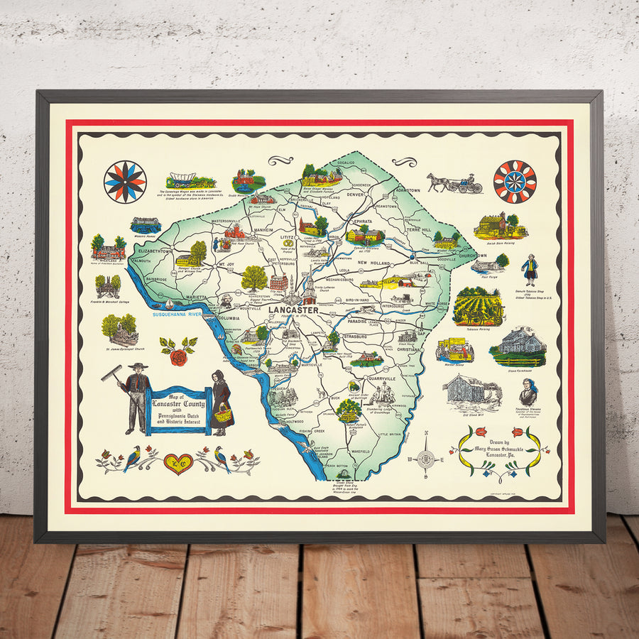 Antica mappa della contea di Lancaster, PA di Schmuckle, 1949: Ephrata, Lititz, fiumi Susquehanna e Conestoga, comunità Amish 
