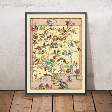 Mappa Pittorica del New Mexico di Ruth Taylor White, 1935: Albuquerque, Santa Fe, Rio Grande, Cavità di Carlsbad, Foresta Nazionale di Gila 