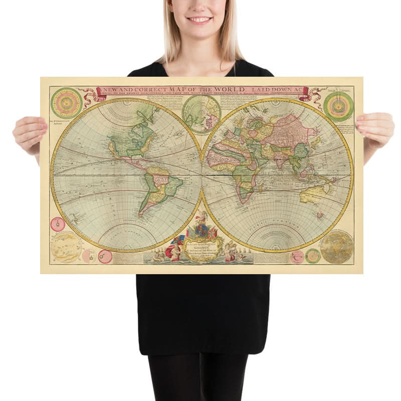 Gran mapa mundial hemisférico antiguo de Moll, 1760: California como isla, Hokkaido en Siberia 