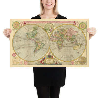 Gran mapa mundial hemisférico antiguo de Moll, 1760: California como isla, Hokkaido en Siberia 