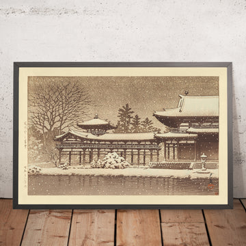 Ein gerahmtes Bild von Evening Snow at Byodoin Temple (Phoenix Hall) von Hasui Kawase, 1935