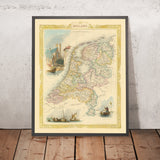 Antiguo mapa de los Países Bajos de Tallis, 1851: Ámsterdam, Róterdam, Rin, Zuider Zee, viñetas 