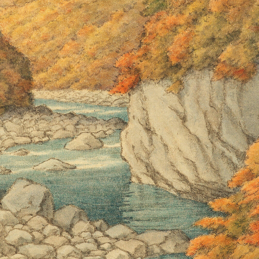 Herbstbäume und felsiger Fluss von Hasui Kawase, 1935 
