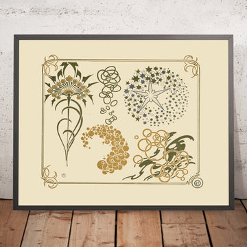 A framed image of Abstract Design with Stars, Circles and Leaves by Alphonse Mucha, 1900