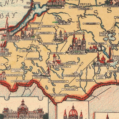 Ancienne carte picturale de l'Allemagne par Chase, 1935 : Berlin, Munich, mer du Nord, monuments, dirigeables 